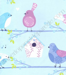 PÁG. 01 - Papel de Parede Infantil Vinílico Just 4 Kids (Inglês) - Pássaros (Tons de Azul / Violeta / Branco / Verde)