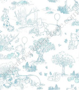 PÁG. 084 - Papel de Parede Vinílico Disney York II (Americano) - Ursinho Pooh e sua Turma (Azul/ Branco)
