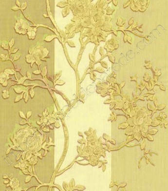 PÁG. 15 - Papel de Parede Vinílico Roberto Cavalli (Italiano) - Floral com Faixas (Mostarda/ Bege/ Detalhes com Glitter Dourado)