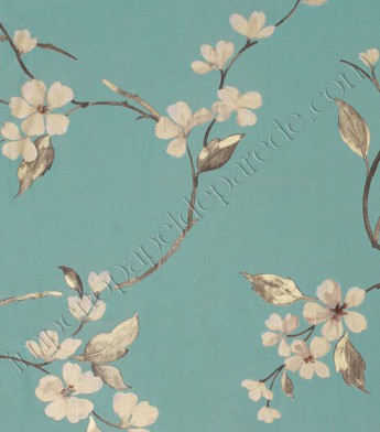 PÁG. 31 - Papel de Parede Vinílico Bright Wall (Americano) - Floral Delicado (Tons de Bege/ Azul/ Detalhes com Brilho Cintilante Dourado)