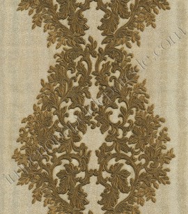 PÁG. 01/03 - Papel de Parede Vinílico Roberto Cavalli 2 (Italiano) - Folhagem (Ouro Velho/ Bege Metálico/ Detalhes com Relevo e Brilho)