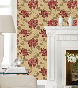 PÁG. 01 - Papel de Parede Vinílico Enchantment (Americano) - Floral (Dourado/ Bege/ Marrom/ Vermelho/ Bordô)