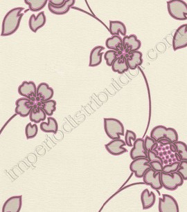 PÁG. 01 - Papel de Parede Vinílico Motivi (Italiano) - Floral (Off-White/ Tons de Cinza/ Magenta/ Detalhes Metalizados)
