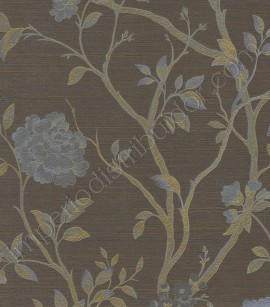 PÁG. 015 - Papel de Parede Vinílico Gioia (Italiano) - Floral (Marrom/ Azul/ Detalhes em Dourado)