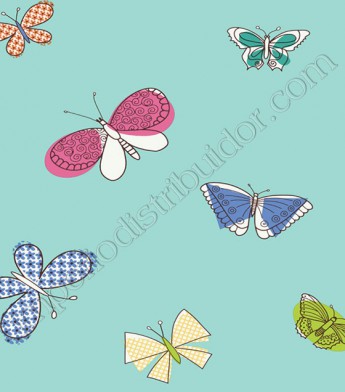 PÁG. 038 - Papel de Parede Vinílico Girl Power (Americano) - Borboletas (Verde Água/ Borboletas Coloridas)