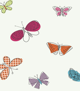 PÁG. 044 - Papel de Parede Vinílico Girl Power (Americano) - Borboletas (Branco/ Borboletas Coloridas)