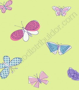 PÁG. 050 - Papel de Parede Vinílico Girl Power (Americano) - Borboletas (Verde/ Borboletas Coloridas)