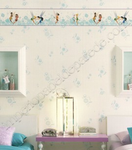 PÁG. 056 - Papel de Parede Vinílico Disney York II (Americano) - Flores e Fadas (Tons de Azul/ Branco/ Detalhes com Brilho Metálico)