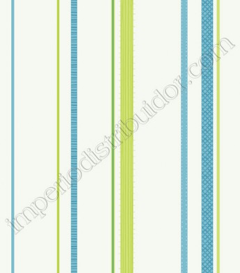 PÁG. 064 - Papel de Parede Vinílico Girl Power (Americano) - Listras Estampadas (Branco/ Tons de Verde/ Tons de Azul)
