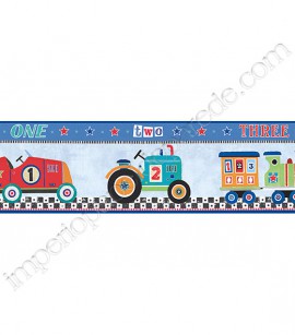 PÁG. 066 - Faixa Vinílica Decorativa Peek-a-Boo (Americano) - Carrinhos (Colorido/ Azul)