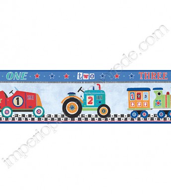 PÁG. 066 - Faixa Vinílica Decorativa Peek-a-Boo (Americano) - Carrinhos (Colorido/ Azul)