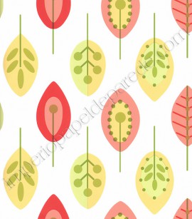 PÁG. 098 - Papel de Parede Vinílico Bistrô (Americano) - Folhas (Verde/Coral/Amarelo)