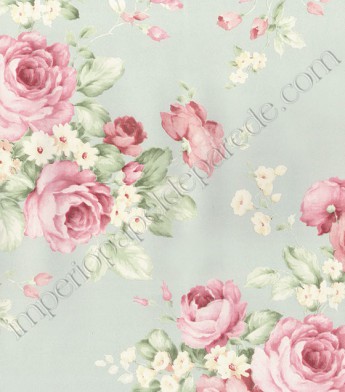 PÁG. 12 - Papel de Parede Vinílico Fragrant Roses (Chinês) - Floral (Azul Claro Acinzentado/ Tons de Rosa/ Verde)