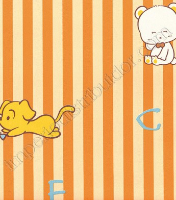 PÁG. 46/47 - Papel de Parede Vinílico Kawayi (Chinês) - Bichinhos e Listras (Tons de Laranja/ Colorido)