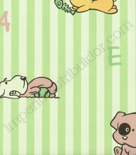 PÁG. 48 - Papel de Parede Vinílico Kawayi (Chinês) - Bichinhos e Listras (Tons de Verde/ Colorido)