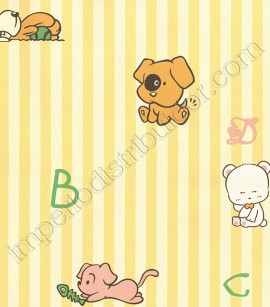 PÁG. 49 - Papel de Parede Vinílico Kawayi (Chinês) - Bichinhos e Listras (Tons de Amarelo/ Colorido)
