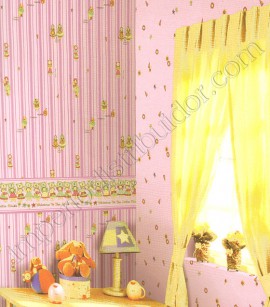 PÁG. 55 - Papel de Parede Vinílico Kawayi (Chinês) - Bonecas e Listras (Tons de Rosa/ Colorido)