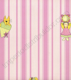 PÁG. 55 - Papel de Parede Vinílico Kawayi (Chinês) - Bonecas e Listras (Tons de Rosa/ Colorido)