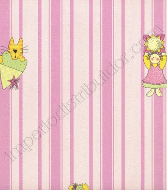PÁG. 55 - Papel de Parede Vinílico Kawayi (Chinês) - Bonecas e Listras (Tons de Rosa/ Colorido)