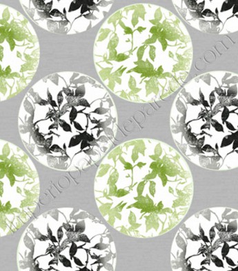 PÁG. 55 - Papel de Parede Vinílico Risky Business (Americano) - Círculos e Folhagem (Prata/ Creme/ Verde/ Preto)
