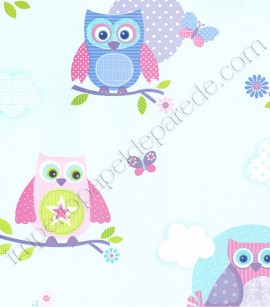 PÁG. 64 - Papel de Parede Vinílico Infantil Just 4 Kids (Inglês) - Corujas (Azul/ Colorido)