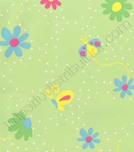 PÁG. 90 - Papel de Parede Vinílico Kawayi (Chinês) - Flores e Borboletas (Tons de Verde/ Colorido)