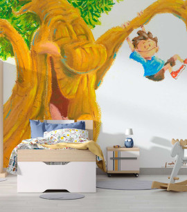PÁG. 59 - Painel de Parede Árvore e Menino Infantil - Coleção Laqua Parla - Tamanho Personalizado - Base Linho ou Palha