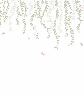 PÁG.  - Painel de Parede Borboletas e Folhagem Rosa e Verde - Tamanho Personalizado - Base Linho ou Palha