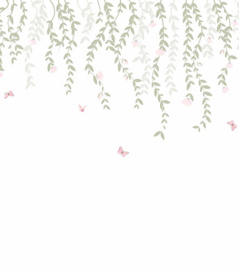 PÁG.  - Painel de Parede Borboletas e Folhagem Rosa e Verde - Tamanho Personalizado - Base Linho ou Palha