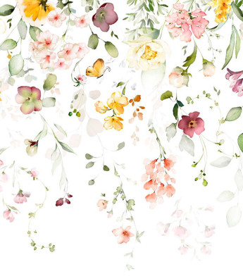 PÁG. 01 - Painel de Parede Cortina de Flores Tons de Rosa e Verde - Tamanho Personalizado - Base Lisa