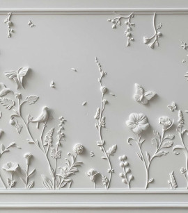 PÁG. 79 - Painel de Parede Efeito Boiserie com Flores e Pássaros - Coleção Assinaturas - Tamanho Personalizado - Base Linho ou Palha
