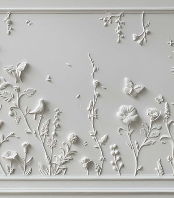 PÁG. 79 - Painel de Parede Efeito Boiserie com Flores e Pássaros - Coleção Assinaturas - Tamanho Personalizado - Base Lisa