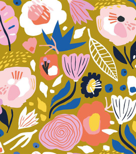 PÁG. 33 - Painel de Parede Floral Rosa e Amarelo Mostarda - Tamanho Personalizado - Base Linho ou Palha