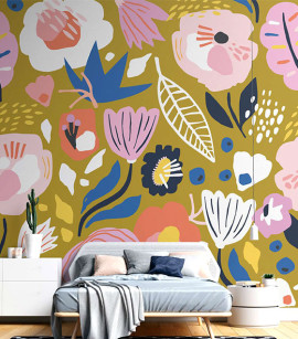 PÁG. 33 - Painel de Parede Floral Rosa e Amarelo Mostarda - Tamanho Personalizado - Base Lisa