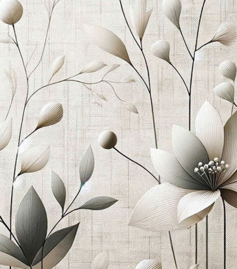 PÁG. 96 - Painel de Parede Flores Grandes Bege e Cinza - Coleção Assinaturas - Tamanho Personalizado - Base Lisa