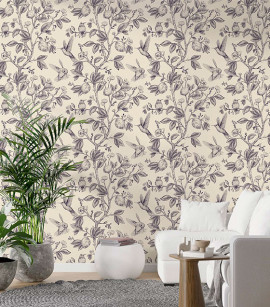 PÁG. 05 - Painel de Parede Folhas, Flores e Pássaros Azul e Bege - Tamanho Personalizado - Base Lisa