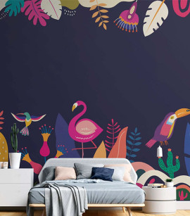 PÁG. 18 - Painel de Parede Pássaros Tropicais Azul Escuro - Tamanho Personalizado - Base Linho ou Palha