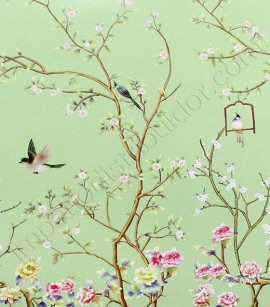 PÁG. 004 - Painel de Parede Pássaros e Árvores - Importado Lavável - Coleção Classic Designs (Verde/ Colorido)