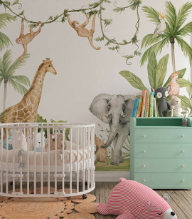 PÁG. 09 - Painel de Parede Selva com Animais - Tamanho Personalizado - Base Linho ou Palha