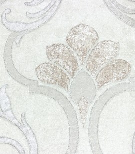 PÁG. 04 - Papel de Parede Adamascado Off-White e Prata e Rose (Brilho e detalhes em relevo) - Dolce Vita - Vinílico Lavável