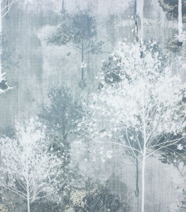 PÁG. 01 - Papel de Parede Árvores Cinza Azulado e Branco com Brilho - Coleção Avalon 2 - Vinílico Importado