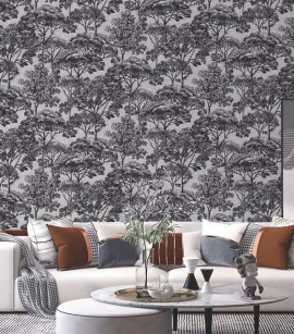 PÁG. 30 - Papel de Parede Árvores Preto e Cinza - Coleção Entre Linhas - Vinílico Importado