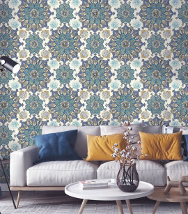 PÁG. 15 - Papel de Parede Mandala Tons de Azul e Bege - Coleção Infinity G - Vinílico Importado