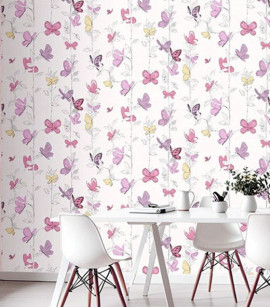 PÁG. 62 - Papel de Parede Borboletas Rosa, Lilás e Amarelo - Coleção Valence - Vinilizado Importado