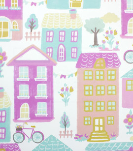 PÁG. 21 - Papel de Parede Cidade Rosa e Azul Turquesa - Coleção Bambine - Vinílico Importado
