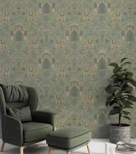 PÁG. 33 - Papel de Parede Elefantes Indianos Verde e Dourado Brilho - Coleção Infinity G - Vinílico Importado