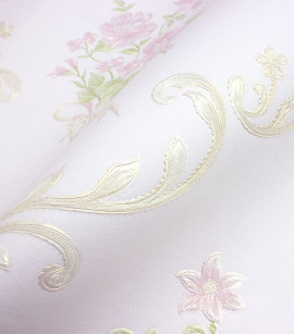 PÁG. 66 - Papel de Parede Floral Adamascado Rosa Claro com Brilho (Fundo Bege) - Coleção Valence - Vinilizado Importado