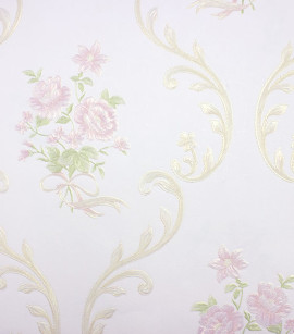 PÁG. 66 - Papel de Parede Floral Adamascado Rosa Claro com Brilho (Fundo Bege) - Coleção Valence - Vinilizado Importado