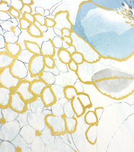 PÁG. 24 - Papel de Parede Floral Azul, Cinza e Dourado com Brilho - Coleção Entre Linhas - Vinílico Importado