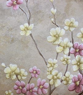 PÁG. 10 - Papel de Parede Floral Bege, Rosa e Amarelo com Brilho - Coleção Valence - Vinílico Importado